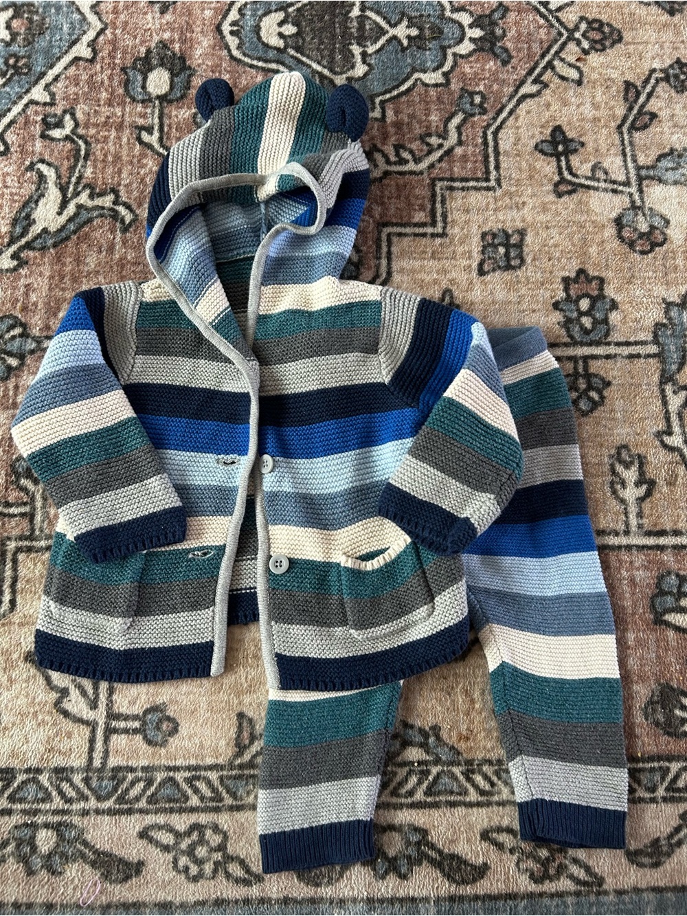 GAP Striped Knit Hoodie & Pants Set - Blue, Teal, Gray, Cream